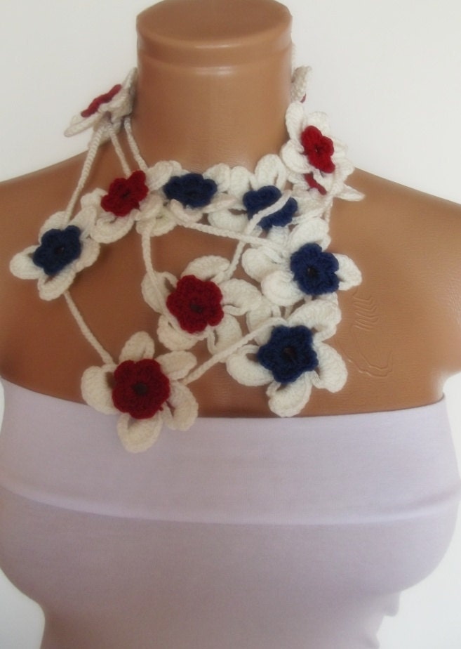 hand crocheted floral scarf lariat necklace red white blue patriotic 4th of july