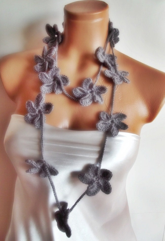 mothers day sale grey hand crocheted floral scarf lariat 160 cm necklace