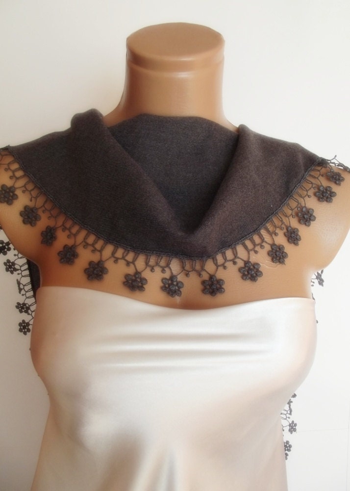 BIG DISCOUNT New Design Pashmina scarf with lace dark grey