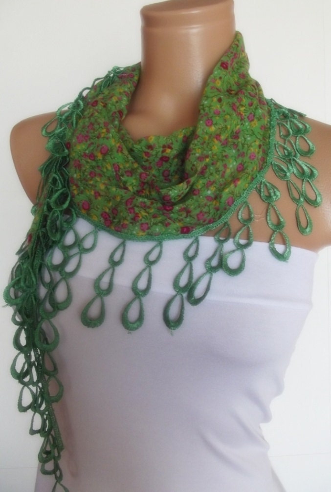 2012 summer fashion cotton scarf with lace new design green floral