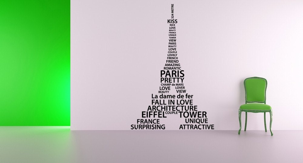 Eiffel Tower, Word Cloud, Paris, France - Decal, Sticker, Vinyl, Wall, Home, Bedroom, Romantic Decor