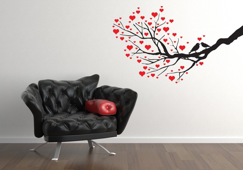 Love Birds on Branch Branches with Hearts by VinylWallAccents