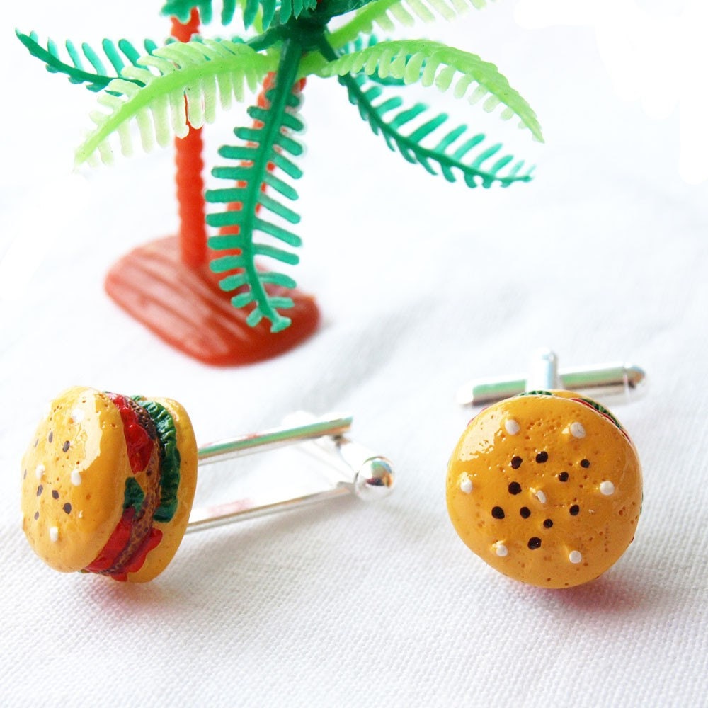 ON SALE Cheeseburger Cuff Links gag gift wedding groomsmen business fast food chic fun funky street fashion