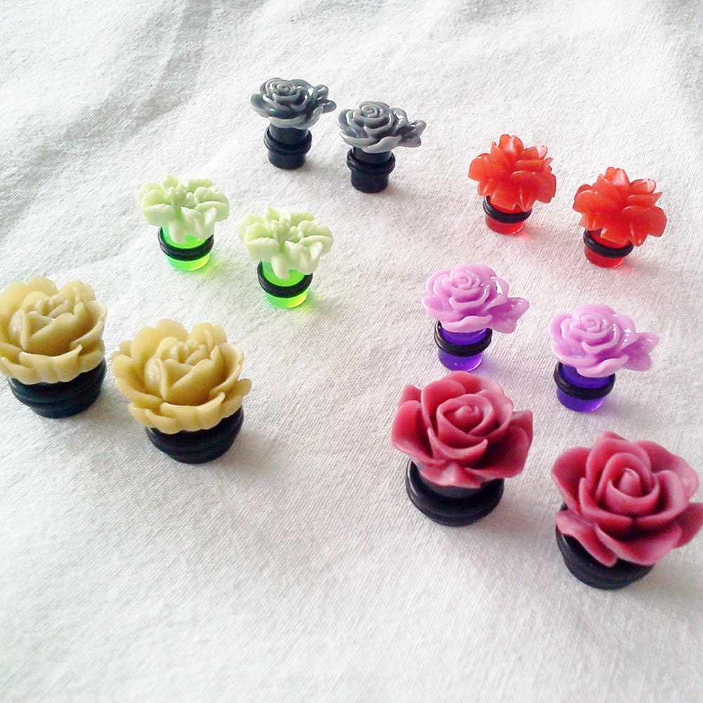 1/2 inch 13mm Plugs Set Maroon Red Rose Mustard Yellow Flower for stretched ears chic fun fashion kawaii Decora body piercings Gyaru