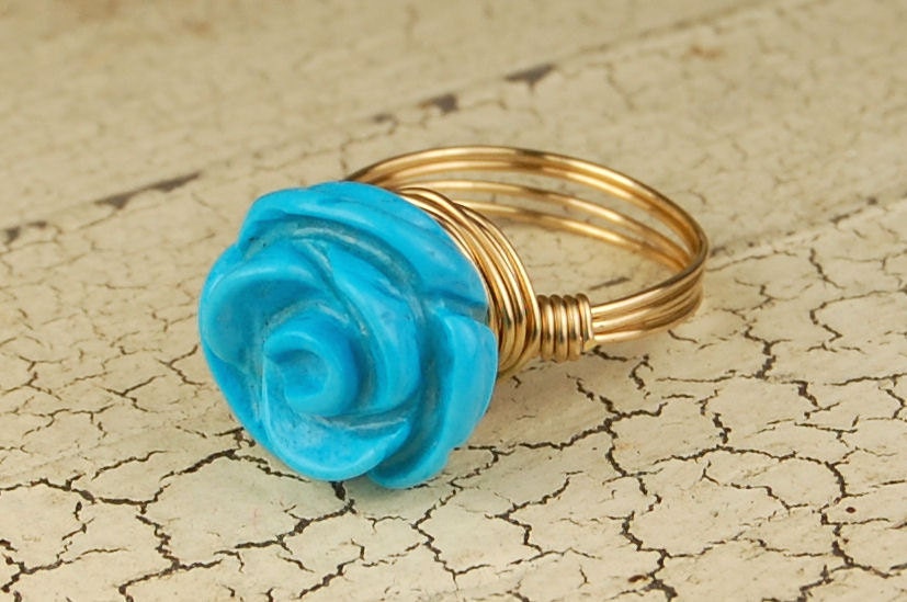 Wire Wrapped Gold Tone Ring - Turquoise Blue Magnesite Carved Rose - Any Size- Size 4, 5, 6, 7, 8, 9, 10, 11, 12, 13, 14