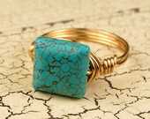 Gold Tone Wire Wrapped Ring - Square Turquoise Howlite Gemstone - Any Size- Size 4, 5, 6, 7, 8, 9, 10, 11, 12, 13, 14