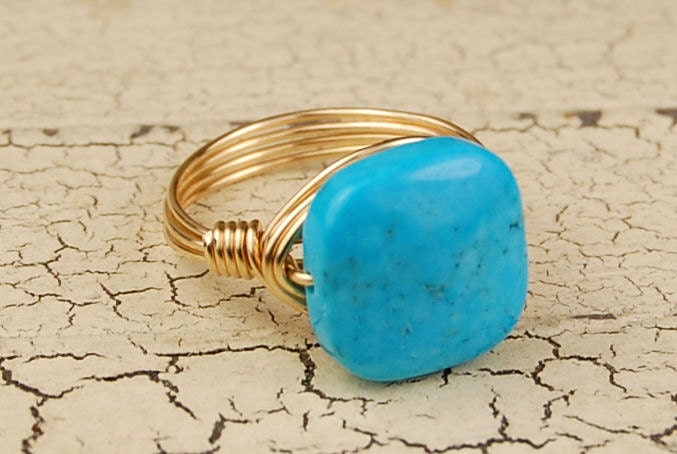 Gold Tone Wire Wrapped Ring - Rounded Square Turquoise Colored Gemstone - Any Size- Size 4, 5, 6, 7, 8, 9, 10, 11, 12, 13, 14