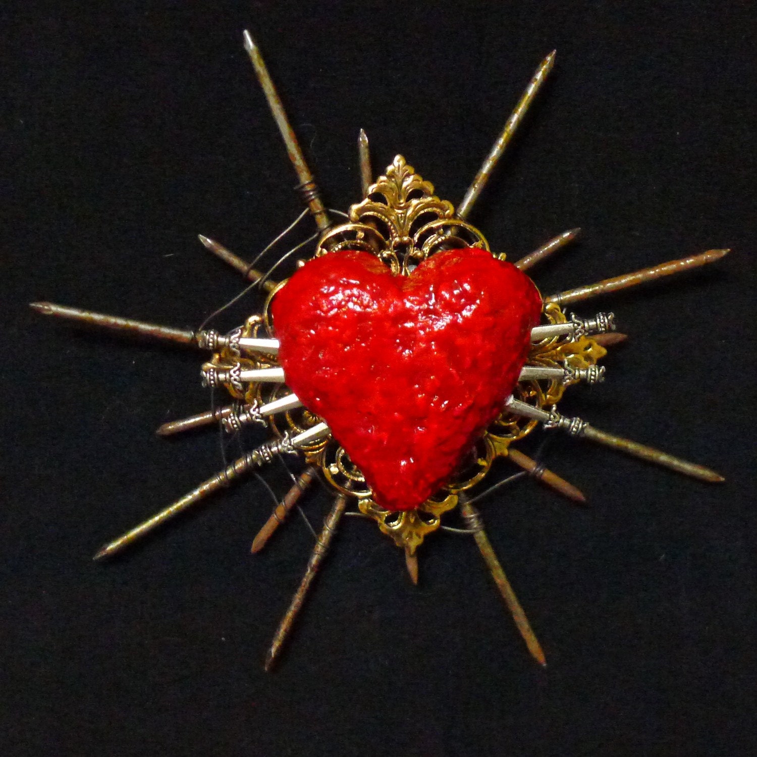 Art Wall Art Sacred Heart Unique Found Object Art with Nails Wire One of a Kind Wall Decor 15