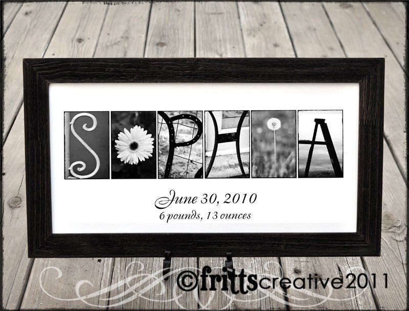 Custom NEW BABY 10x20 Name Frame Print Alphabet Photography BW Unframed