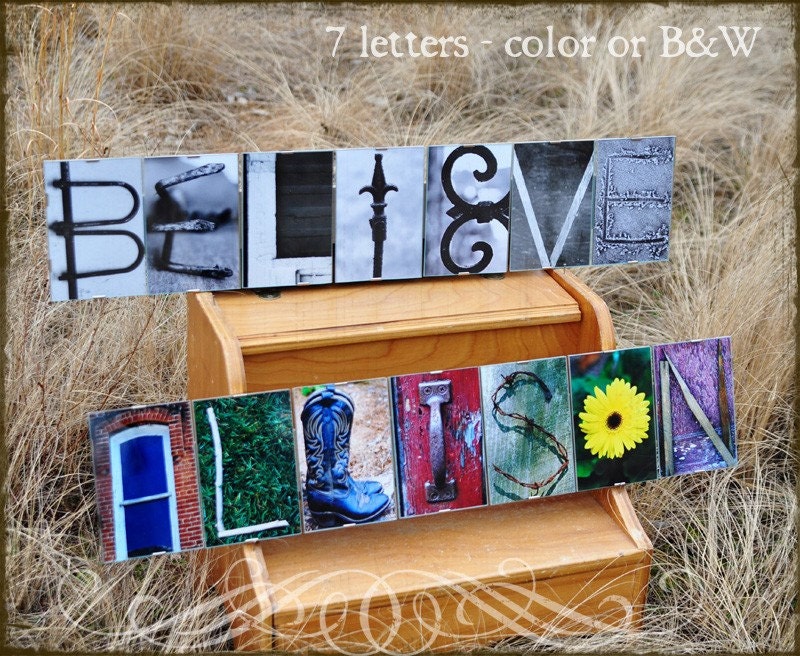 PERSONALIZED NAME SIGN - Any  7 Letter Name in  Alphabet Photography  - Word Plate (framed)