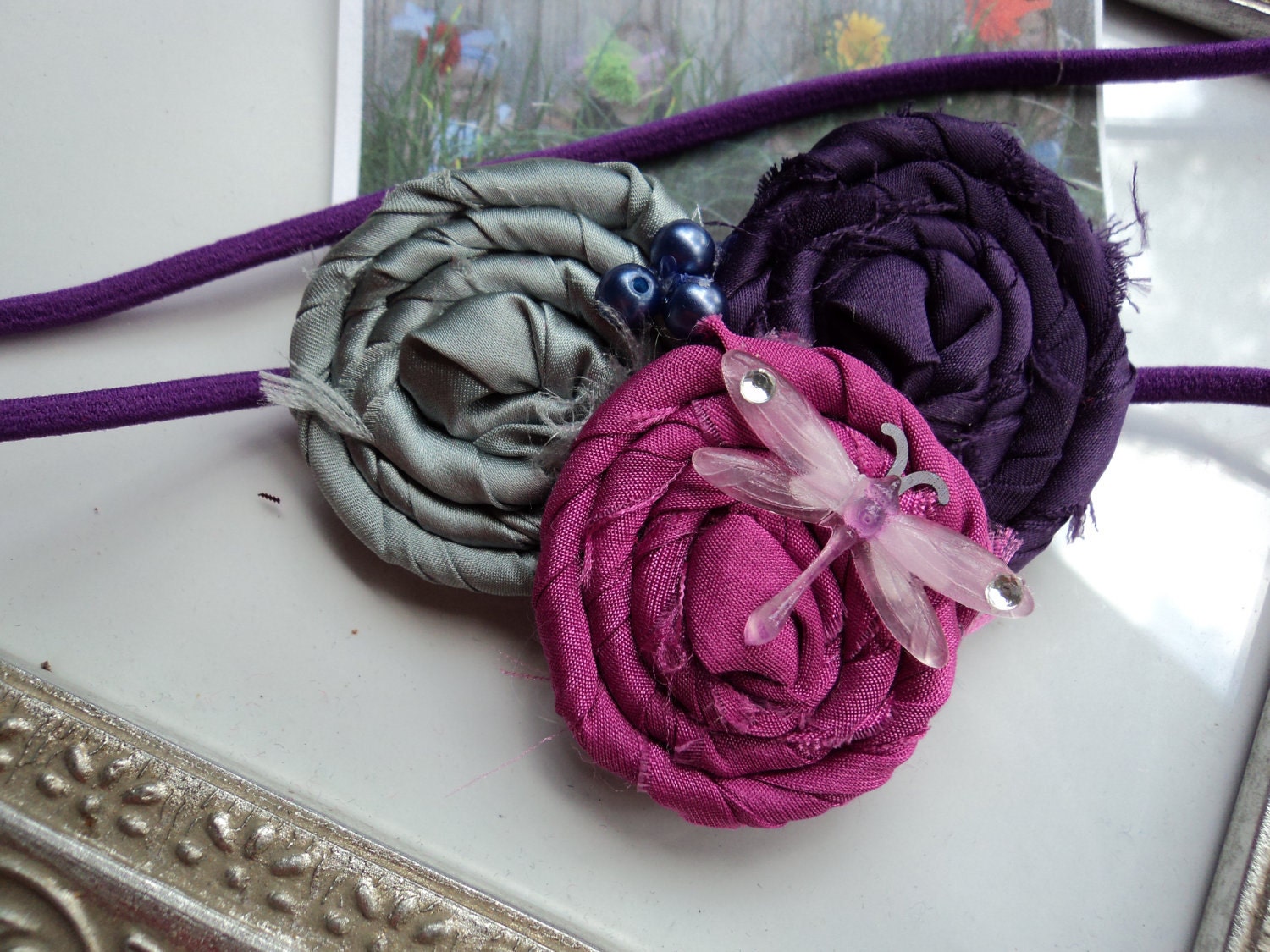 Gorgeous Posh Platinum Purple Plum Blast Dragon Fly rosetti flower  Headband Baby & girls photograpy prop Bow Rosette