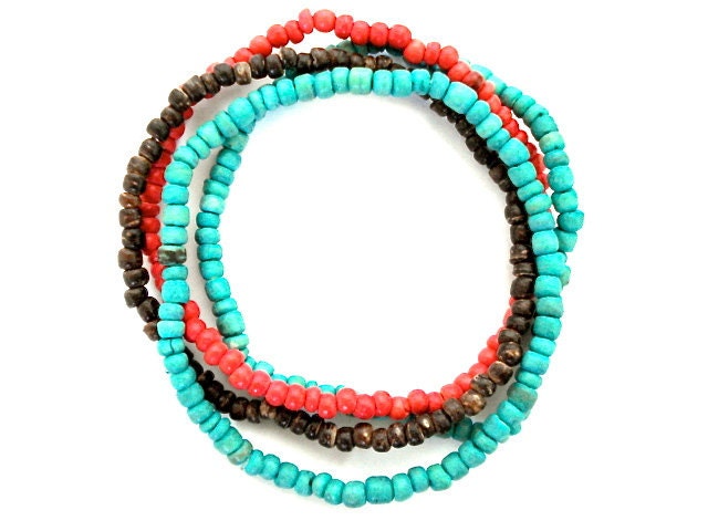 Wooden Beaded Bracelets, Set of 4 Coco Bead Bracelets, Red, Turquoise, Brown Stacking Bracelets