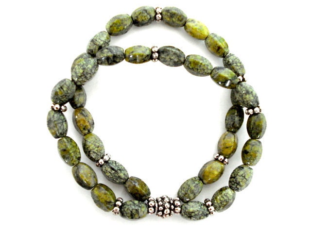 Green Jasper Yoga Bracelet, Double Stranded Green Jasper,  Silver Beaded Bracelet