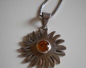 Vintage Mexican Sterling Amber Necklace Sunburst Pendant