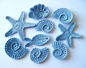 Crochet Sea Motifs, Set  of 9- Sea Shells, Sea Stars, Fish, Baby Boy Embellishment in Light Blue, MADE TO ORDER