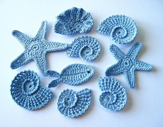 Crochet Sea Motifs, Set of 9- Sea Shells, Sea Stars, Fish, Baby Boy Embellishment in Light Blue, MADE TO ORDER
