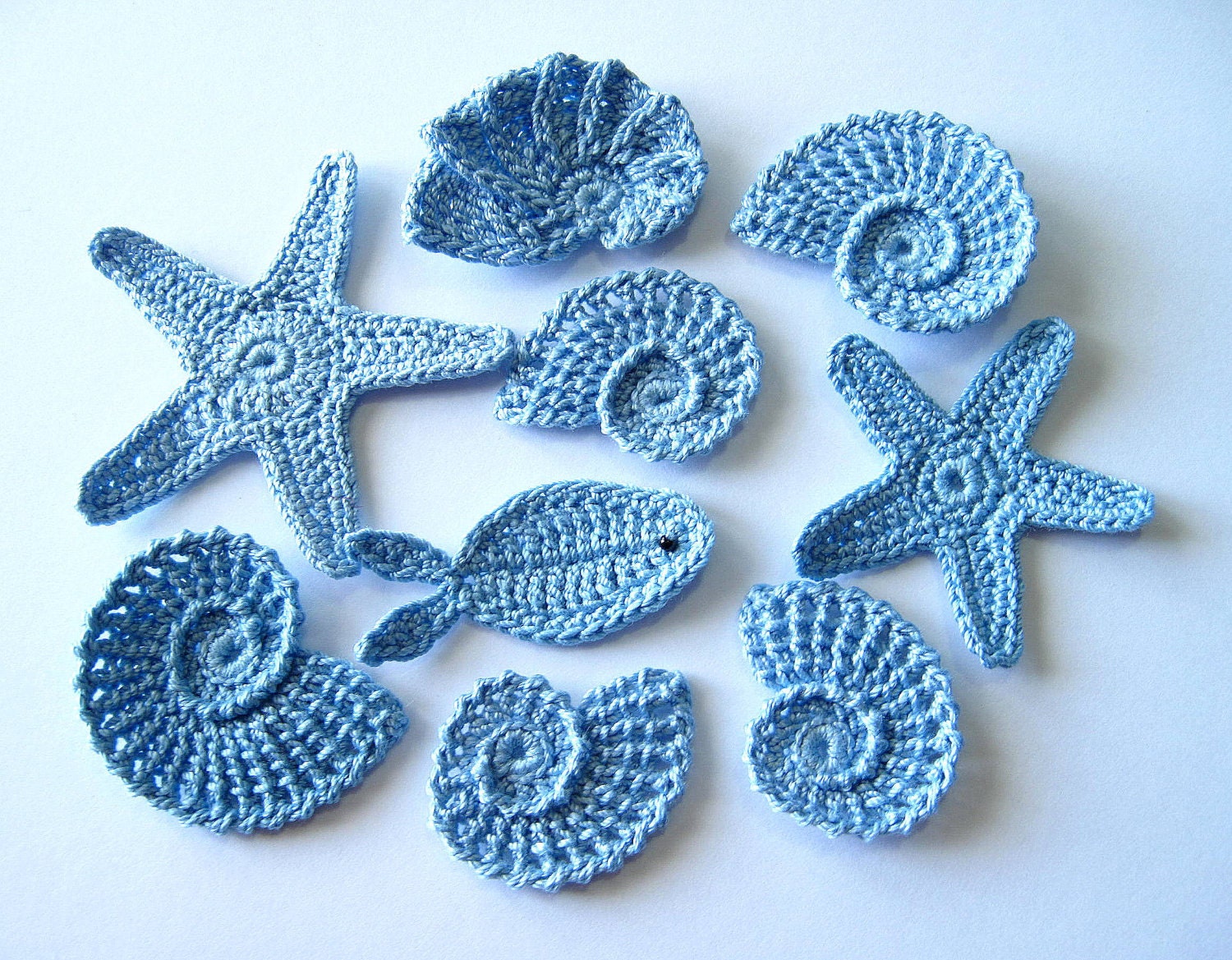 Crochet Sea Motifs, Set of 9- Sea Shells, Sea Stars, Fish, Baby Boy Embellishment in Light Blue, MADE TO ORDER