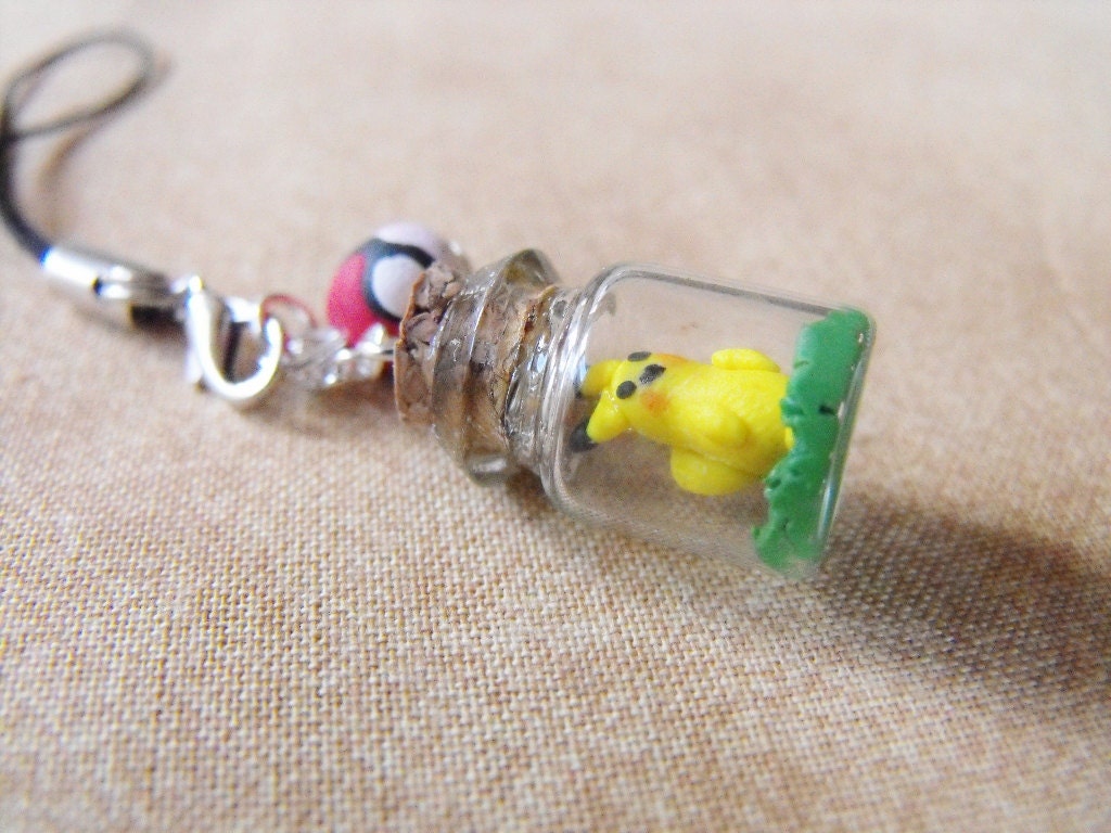 Pokemon (Pikachu) inspired cellphone charm- clay pikachu inside a miniature glass bottle