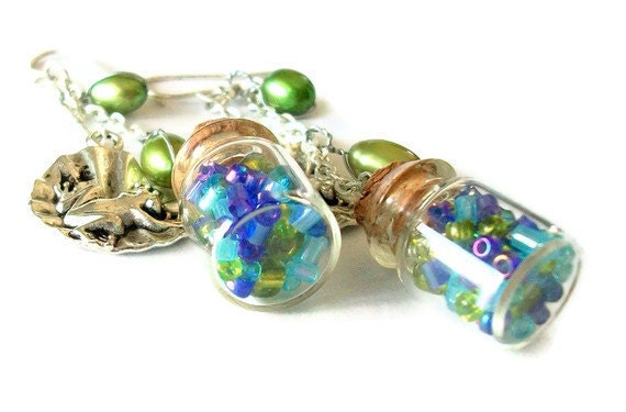 Frolicking frogs on lilly pads - mini cork bottle earrings with frogs and green pearls