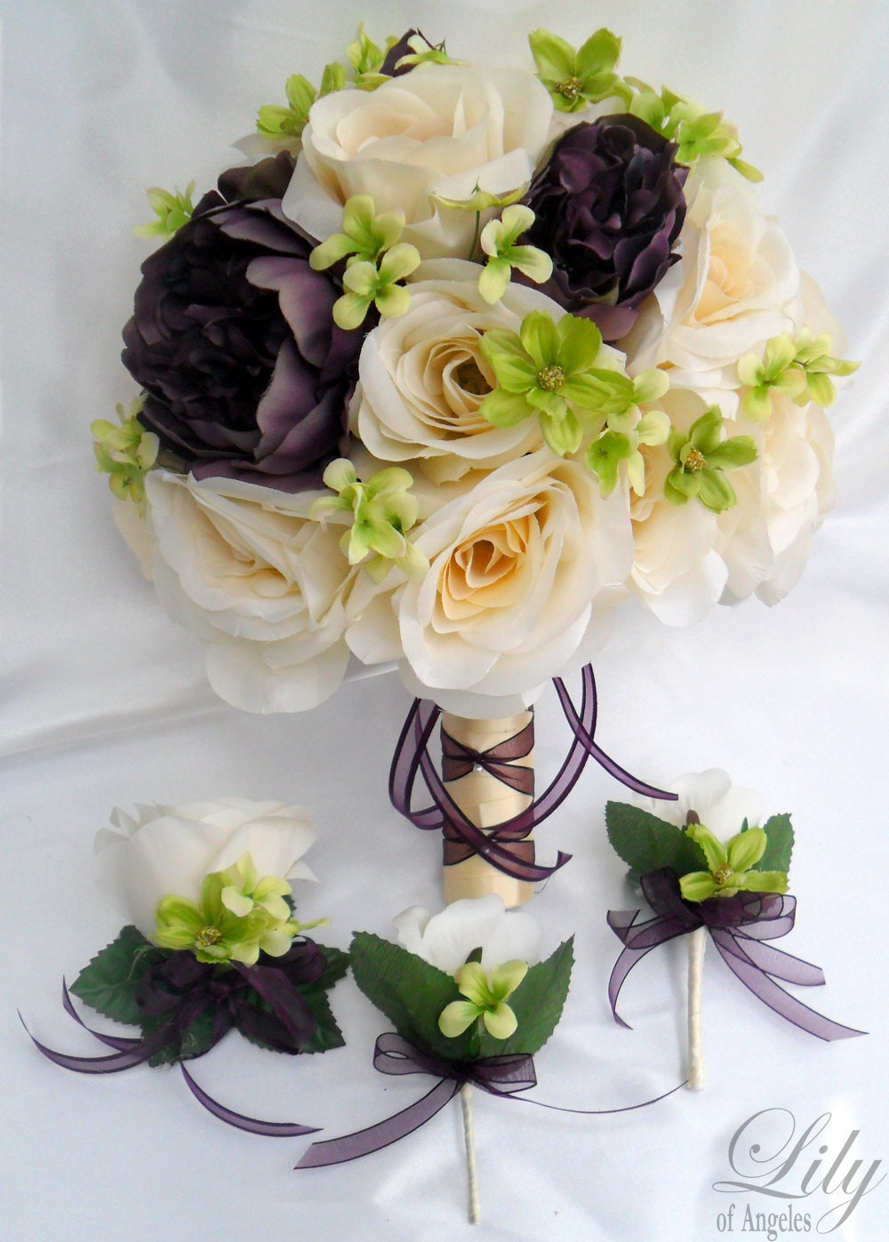 RESERVED LISTING Wedding Bridal Bouquet Silk Flowers bouquets Decoration 17 pieces Package "Lily Of Angeles"