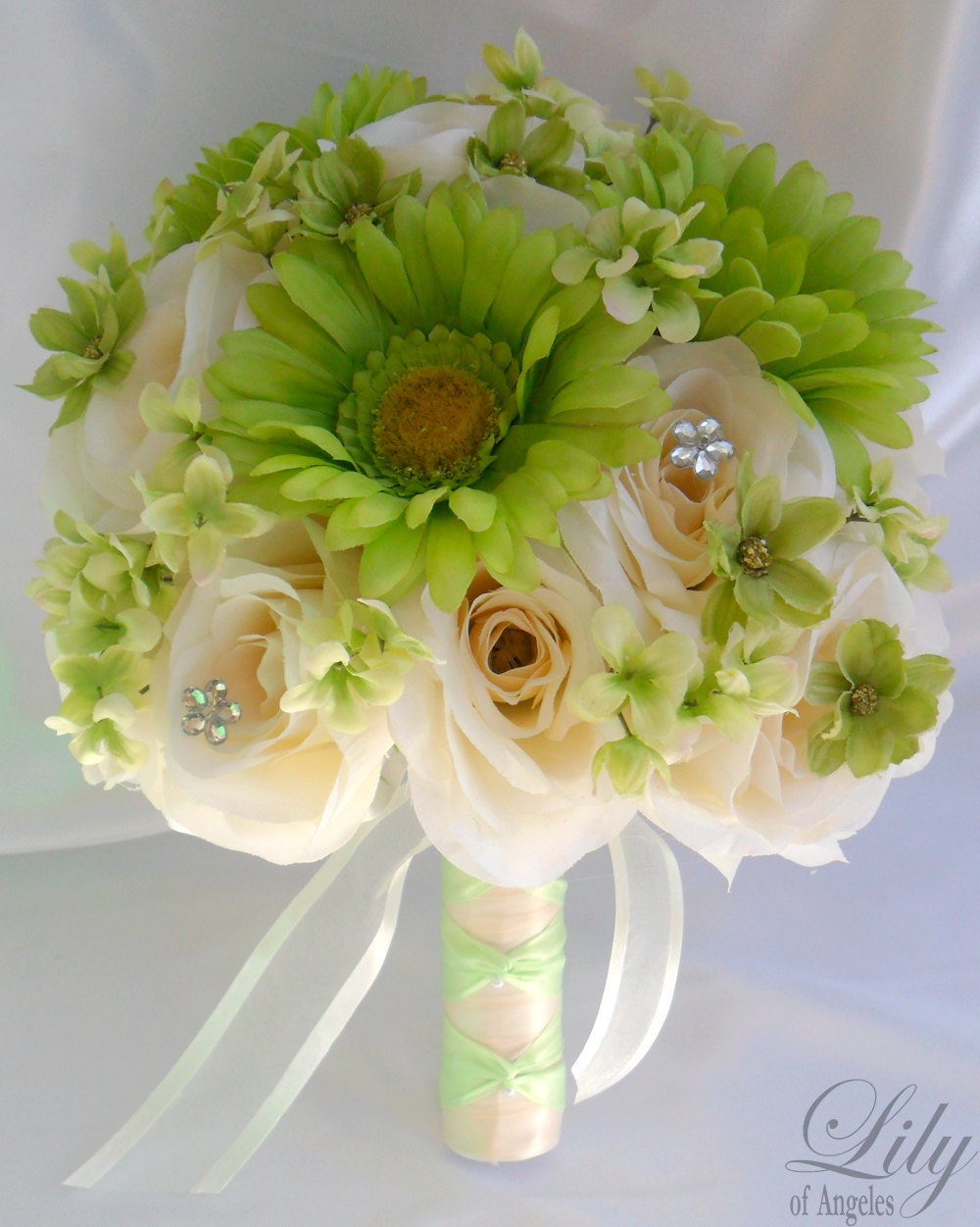 17pcs Wedding Bridal Bouquet Set Decoration Package Silk Flowers IVORY GREEN "Lily Of Angeles"