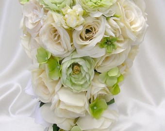 17 Pieces Package Silk Flower Wedding Decoration Bridal Cascade Bouquet IVORY LIGHT GREEN "Lily Of Angeles"