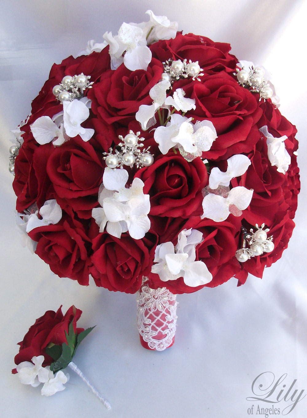 2pcs Wedding Bridal Bride Bouquet Groom Boutonniere Gem Jewelry Jewel RED WHITE
