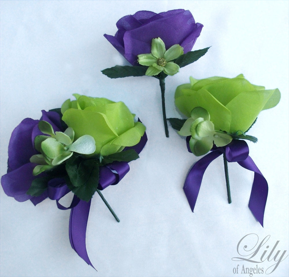 17pcs Wedding Bridal Bride Bouquet Flowers Decoration Package GREEN PURPLE LILY