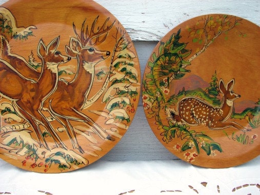 Deer Painting, 2 Wooden Plates, Campy Artwork,Vermont Artists, Manuel, Lucille Miller, Wood Plate, Birchland, Bethel, Vermont