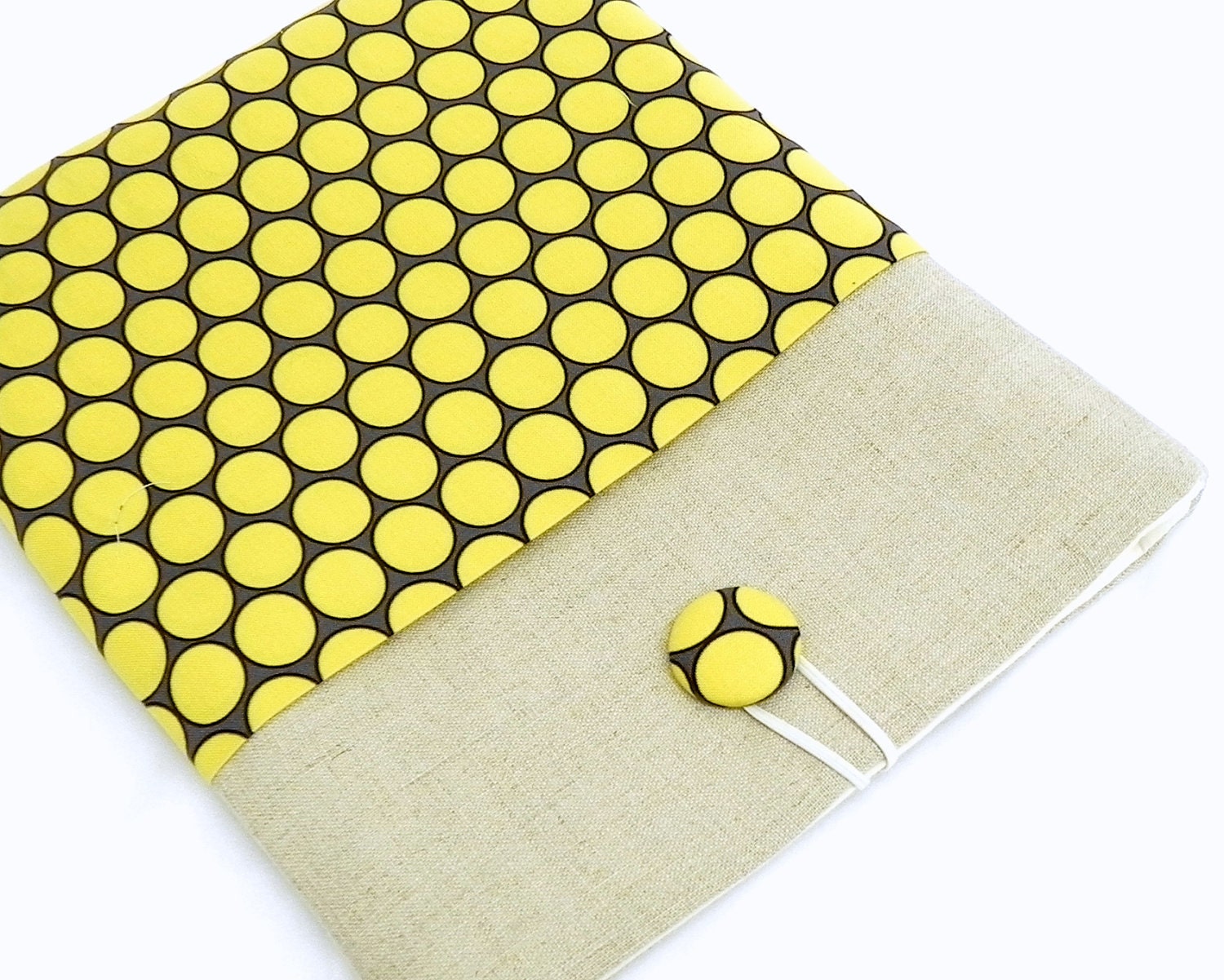 iPad Cover Case, iPad Padded Sleeve - Polka dots fabric in yellow and grey  - Linen