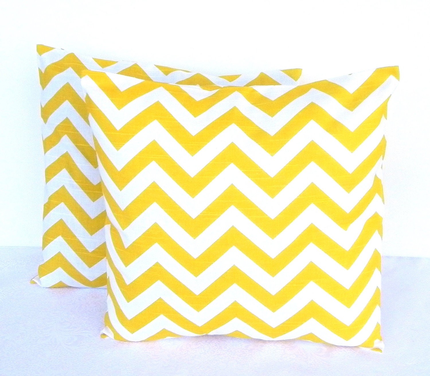 Pillow Covers. Set of Two 16x16. Yellow and White Chevron - Geometric