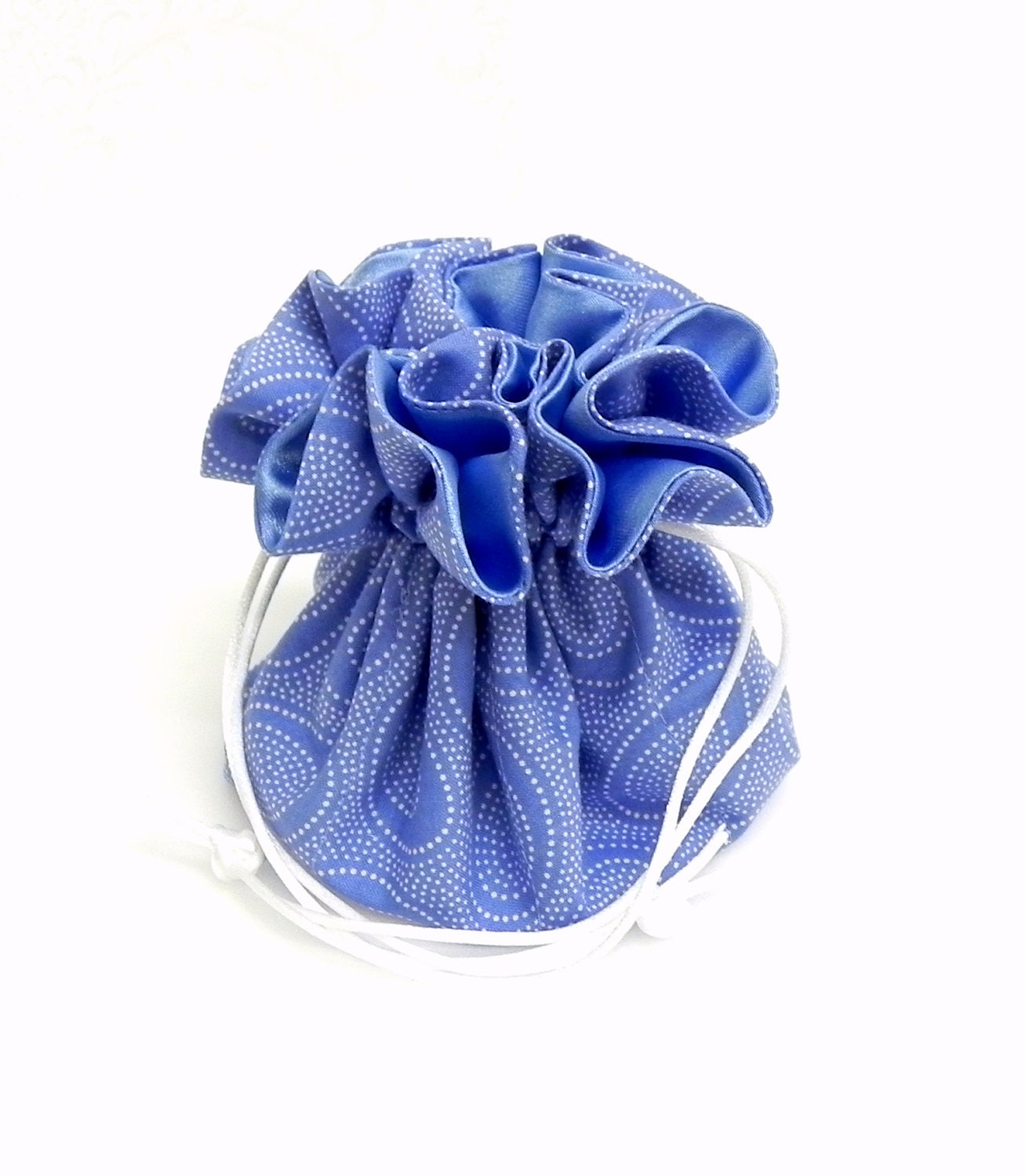 Drawstring Jewelry Pouch - Cornflower blue and white dots travel bag