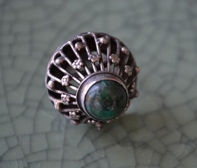 Vintage Sterling Silver Flower Basket Ring Green Eliat Stone Adjustable made in Israel