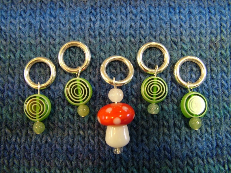 Five-piece stitch marker set--green spirals and toadstool
