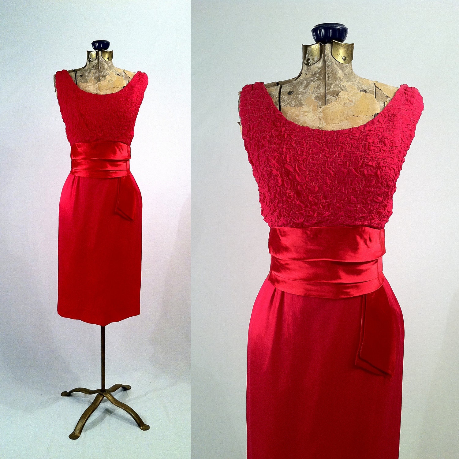 Vintage Fire Engine Red 1950s Chiffon and Satin Wiggle Dress