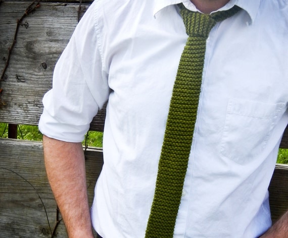 Green Knit Tie Skinny - Olive Green Moss Chaucer's Necktie - Spring Wedding - 100% cotton - Lit Knits