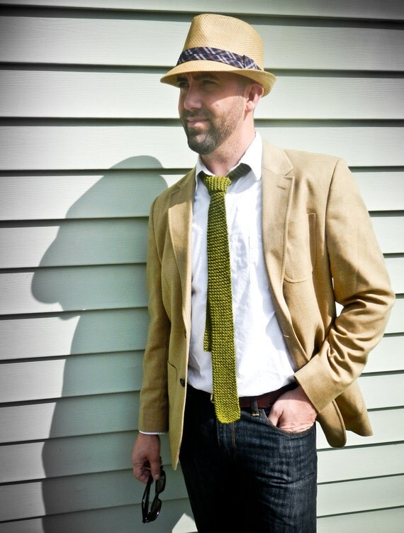 Green Knit Tie Skinny - Olive Green Moss Chaucer's Necktie - Spring Wedding - 100% cotton - Lit Knits