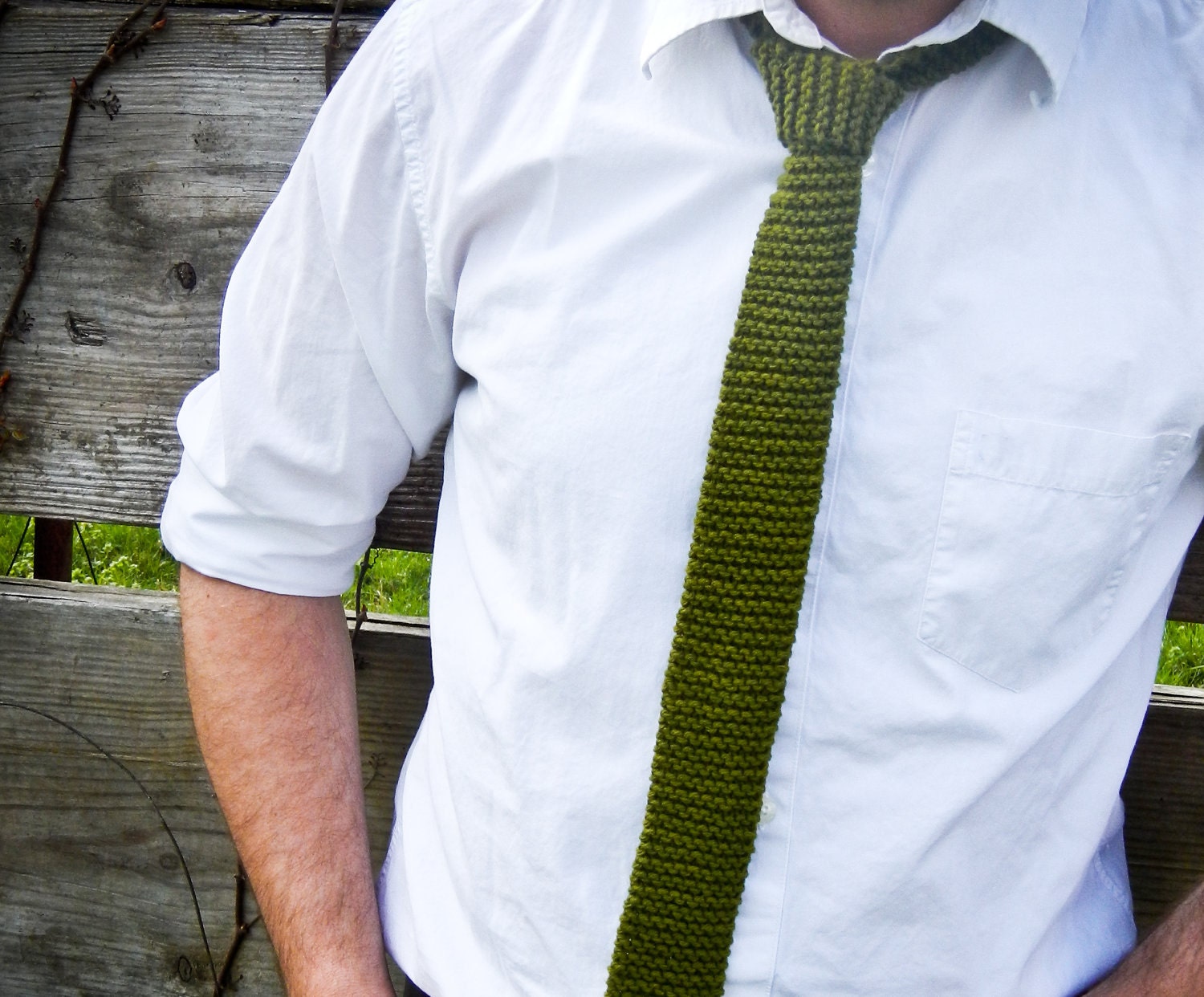 Green Knit Tie Skinny - Olive Green Moss Chaucer's Necktie - Spring Wedding - 100% cotton - Lit Knits