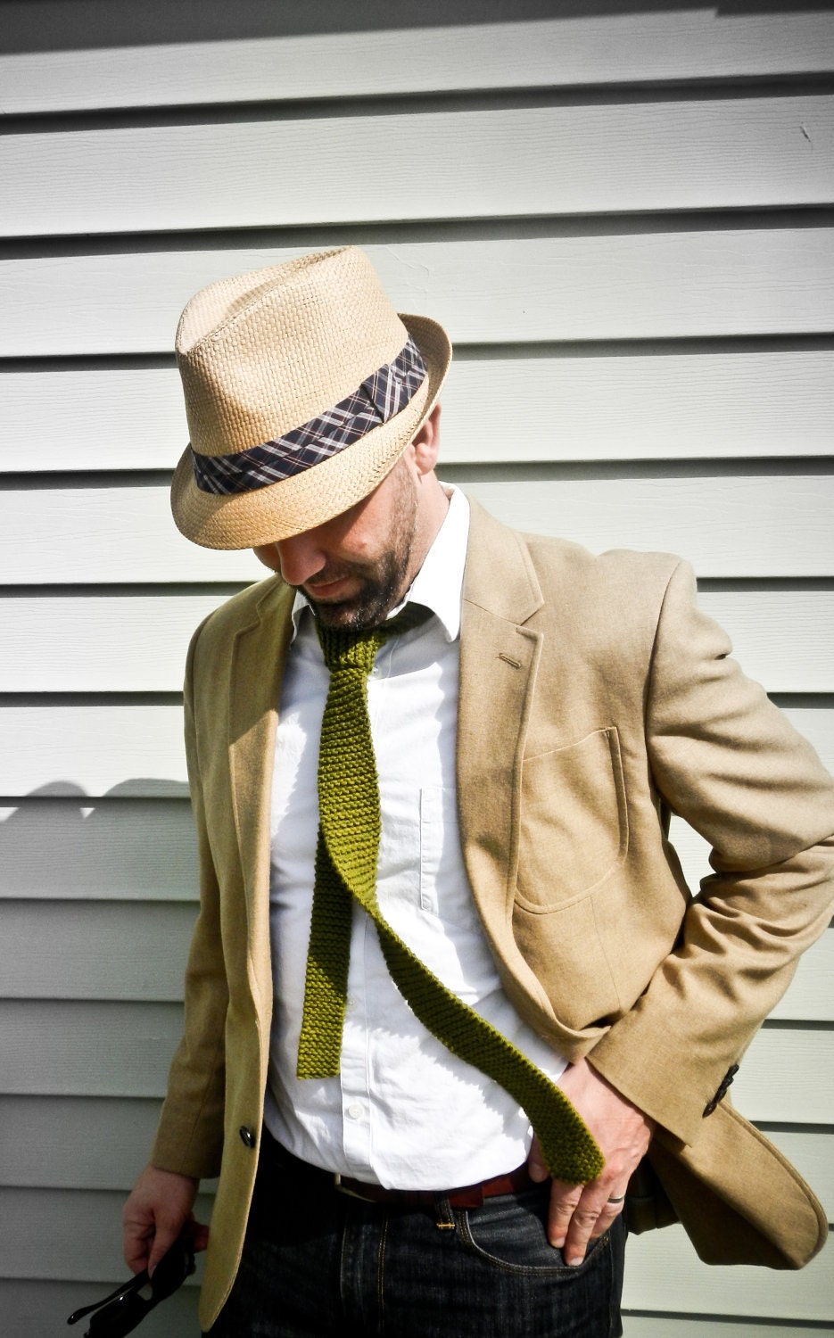 Green Knit Tie Skinny - Olive Green Moss Chaucer's Necktie - Spring Wedding - 100% cotton - Lit Knits
