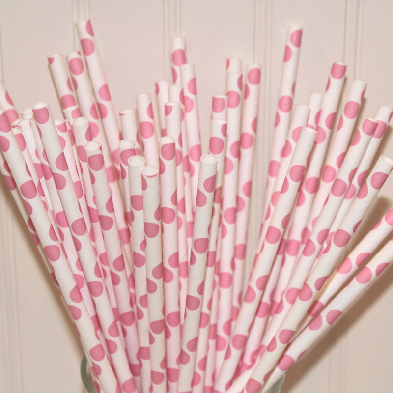 50 Paper Straws Pink Polka Dot Drinking Straw - Birthday, Wedding, Baby Shower, Cupcake Toppers, Cake Bunting