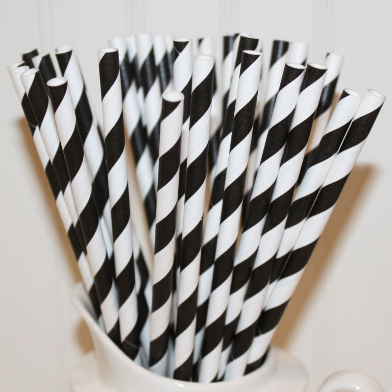 100 Black Striped Paper Straws with Blank Paper Flags - Wedding, Baby Shower, Milk and Cookies -  Made In Usa