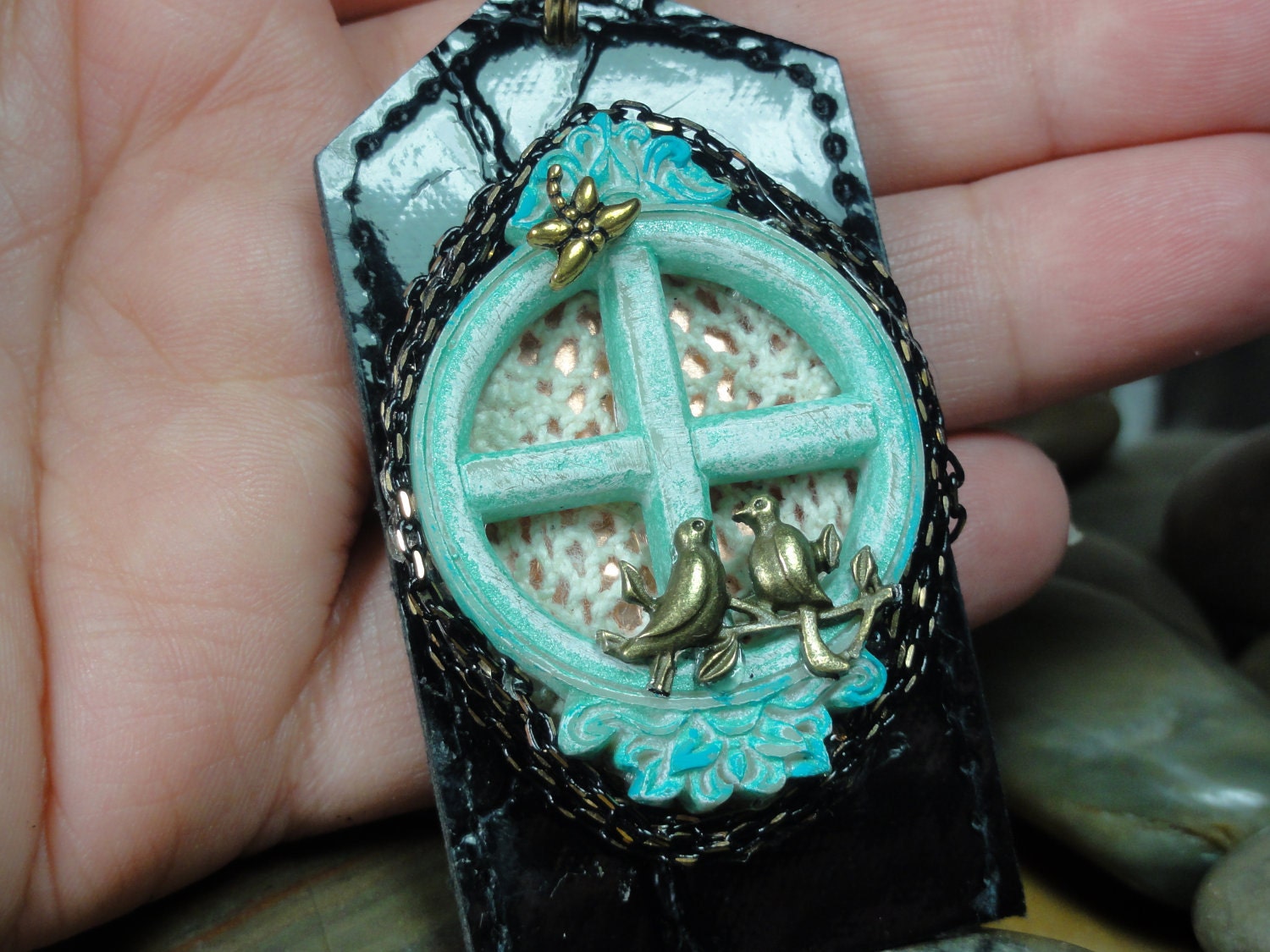 NECKLACE - Brass Metal Birds On The Window Sill Dragonfly Repurposed Black Leather Pendant Jewelry - Free Shipping