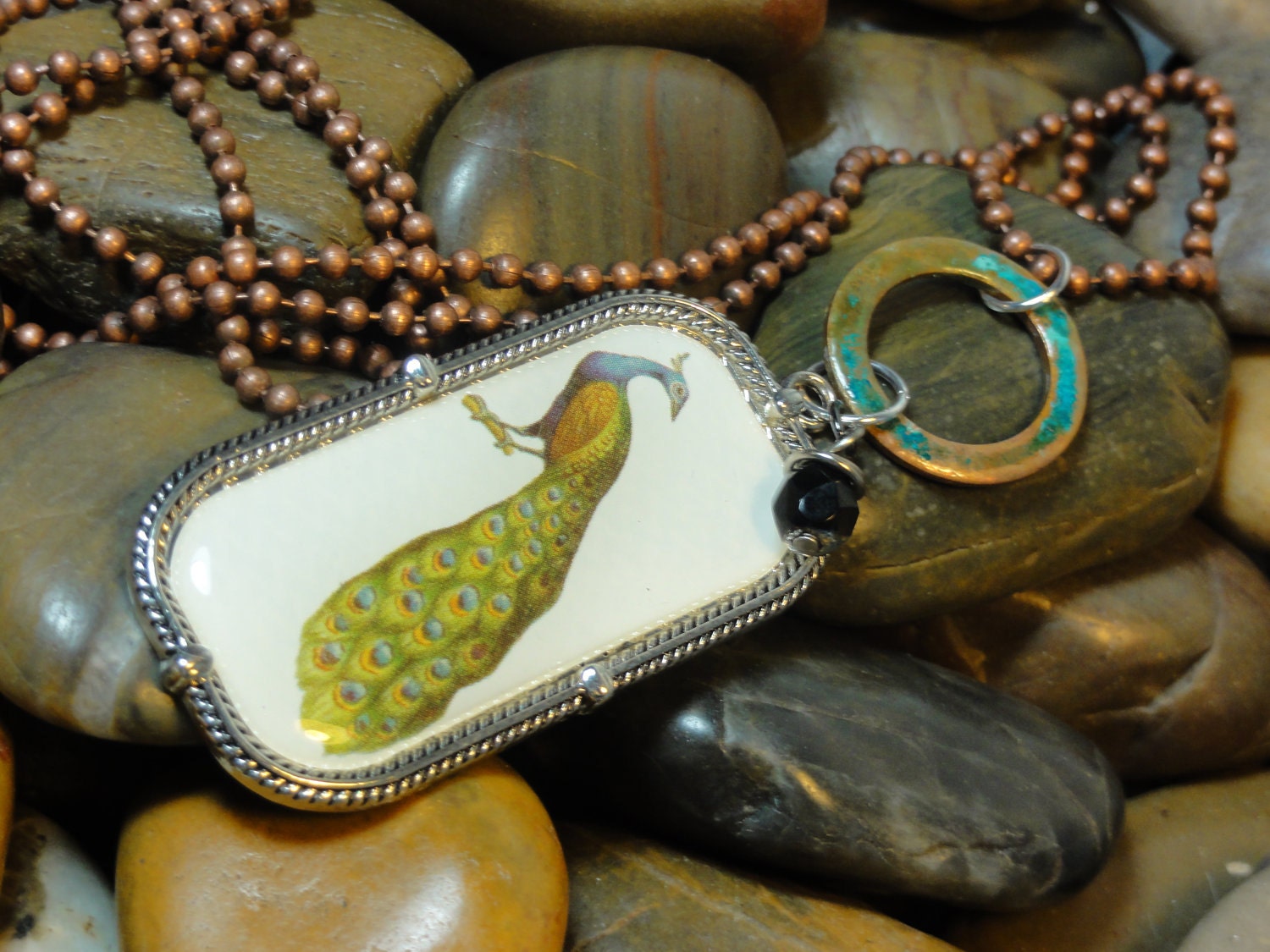 NECKLACE - Copper Metal Patina Hoop Black Bead Peacock Bird Pendant Jewelry Necklace - Free Shipping