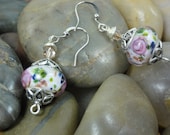 EARRINGS -  Murano Glass Pink Rose Flower Metalic Copper Iridescent Faceted Bead Dangle Drop Earrings - Free Shipping