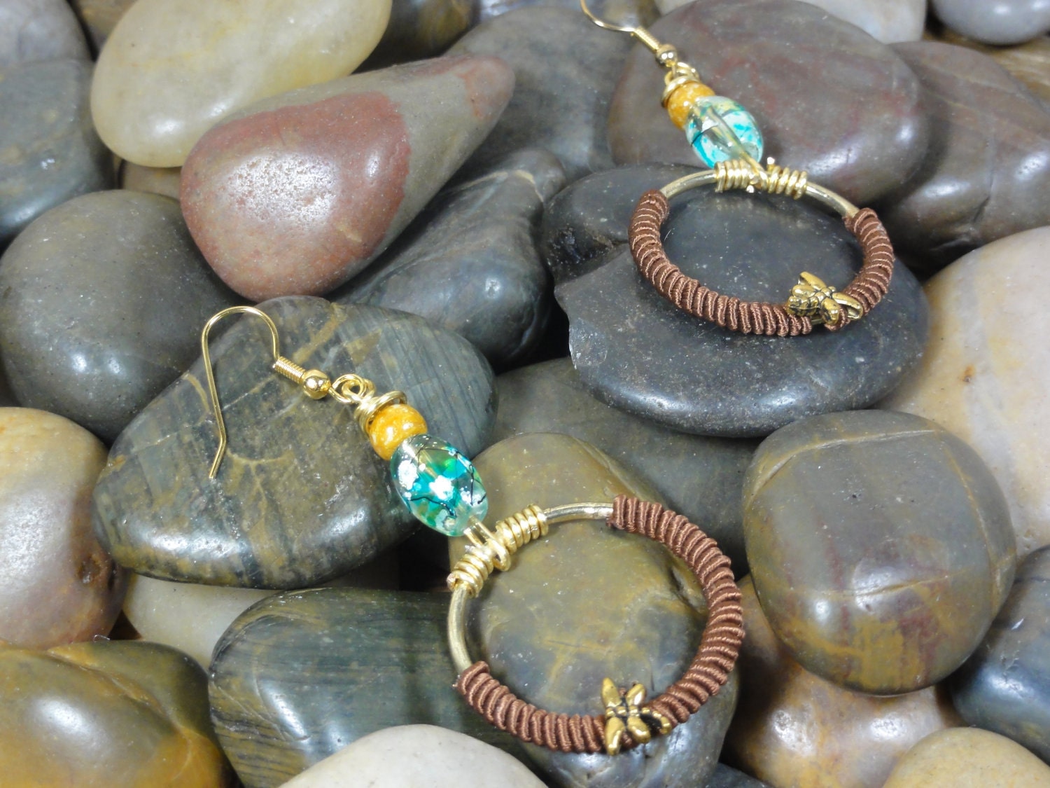 EARRINGS - Dragonfly Chocolate Brown  Glass Bead Gold Hoop Earrings - Free Shipping