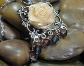 NECKLACE - Vintage Inspired Ivory Gold Rose Flower Silver Wire Wrap Blue Purple Blush Bead Pendant Jewelry Necklace - Free Shipping