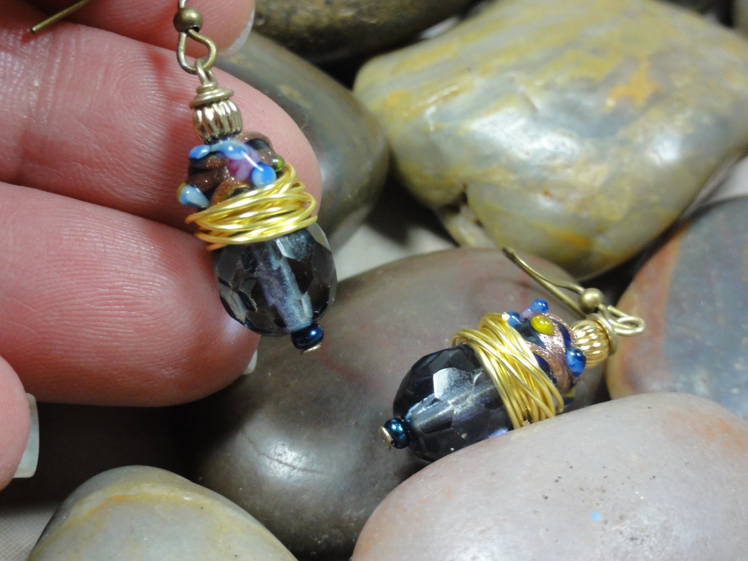 EARRINGS - Blue Gold yellow Pink Glass Wire Wrap Lampwork Faceted Spring Summer Dangle Drop Jewelry Earrings - Free Shipping