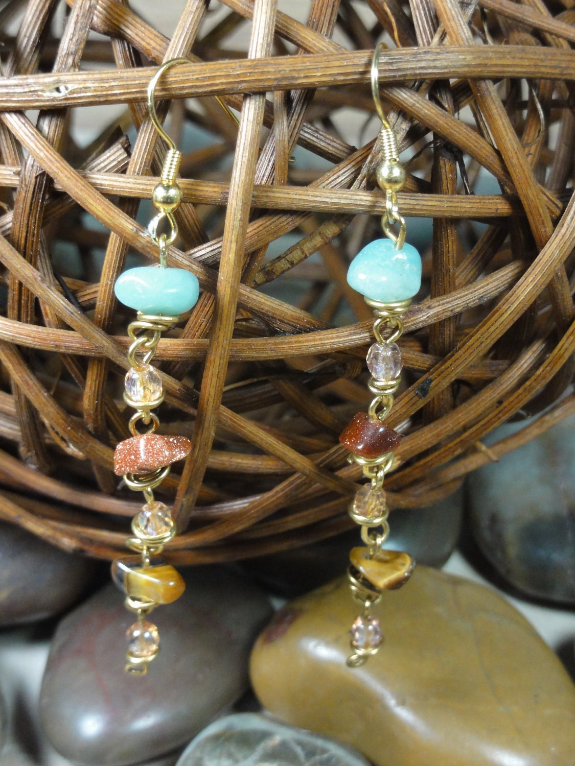 EARRINGS - Gemstone Faceted Glass Gold Wire Wrap Bead Dangle Drop Jewelry Earrings - Free Shipping