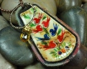 NECKLACE - Vintage Red Blue Bird Tile Gold Hoop Amber Swarovski Crystal Gold Wire Wrap Pendant Copper Chain Jewelry Necklace - Free Shipping