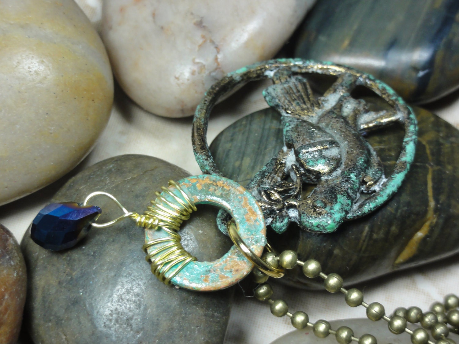 NECKLACE - Vintage Metal Bird Pendant Copper Patina Gold Wire Wrap Blue Faceted Teardrop Swarovski Crystal Jewelry Necklace Free Shipping